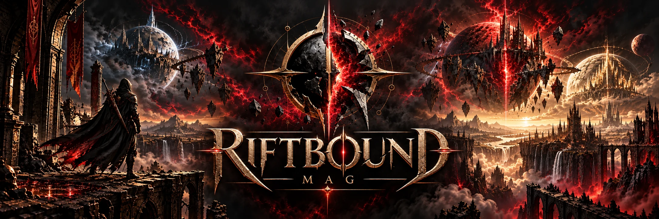 RIFTBOUND MAG — shattered eclipse, crimson energy and golden lettering within a gothic world